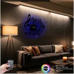 Sol Anahtarı Nota Figürlü RGB LED Işıklı MDF Duvar Saati - Luvivia