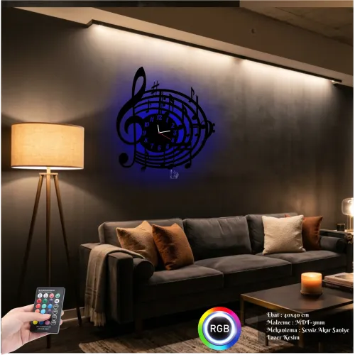 Sol Anahtarı Nota Figürlü RGB LED Işıklı MDF Duvar Saati - L…