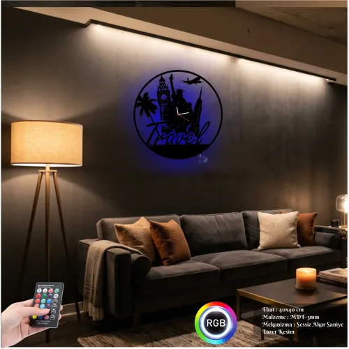 Luvivia Travel Temalı RGB LED Işıklı MDF Duvar Saati - Seyah…