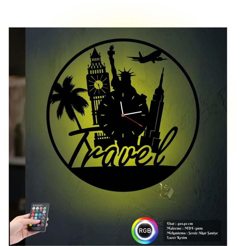 Luvivia Travel Temalı RGB LED Işıklı MDF Duvar Saati - Seyahat Tutkunlarına Özel