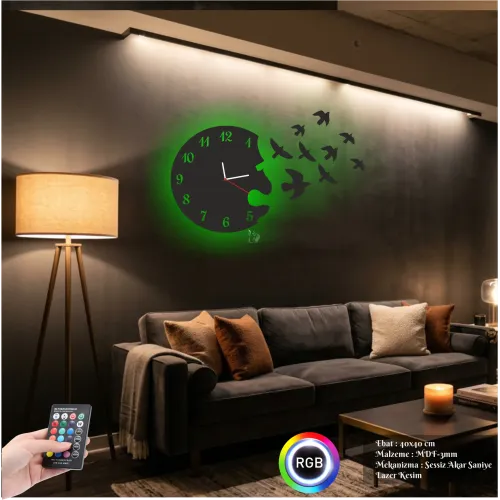 Luvivia Uçan Kuşlar Figürlü RGB LED Işıklı MDF Duvar Saati
