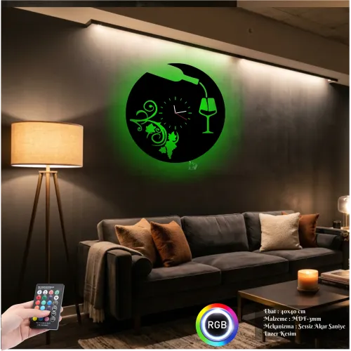 Luvivia Şarap Kadeh Figürlü RGB LED Işıklı MDF Duvar Saati