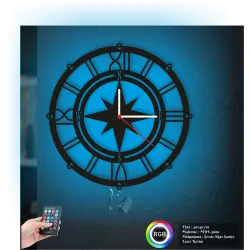 Roma Rakamlı Yön Temalı RGB Uzaktan Kumandalı 40x40cm Siyah MDF Duvar Saati
