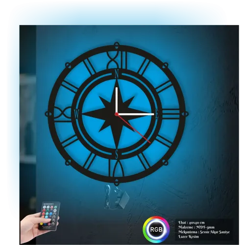 Roma Rakamlı Yön Temalı RGB Uzaktan Kumandalı 40x40cm Siyah MDF Duvar Saati