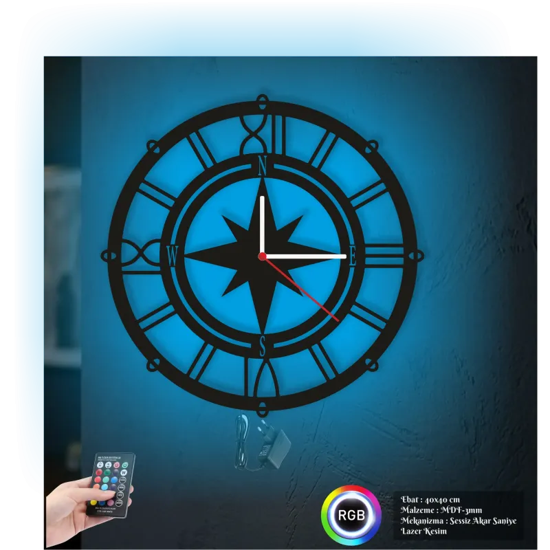 Roma Rakamlı Yön Temalı RGB Uzaktan Kumandalı 40x40cm Siyah MDF Duvar Saati