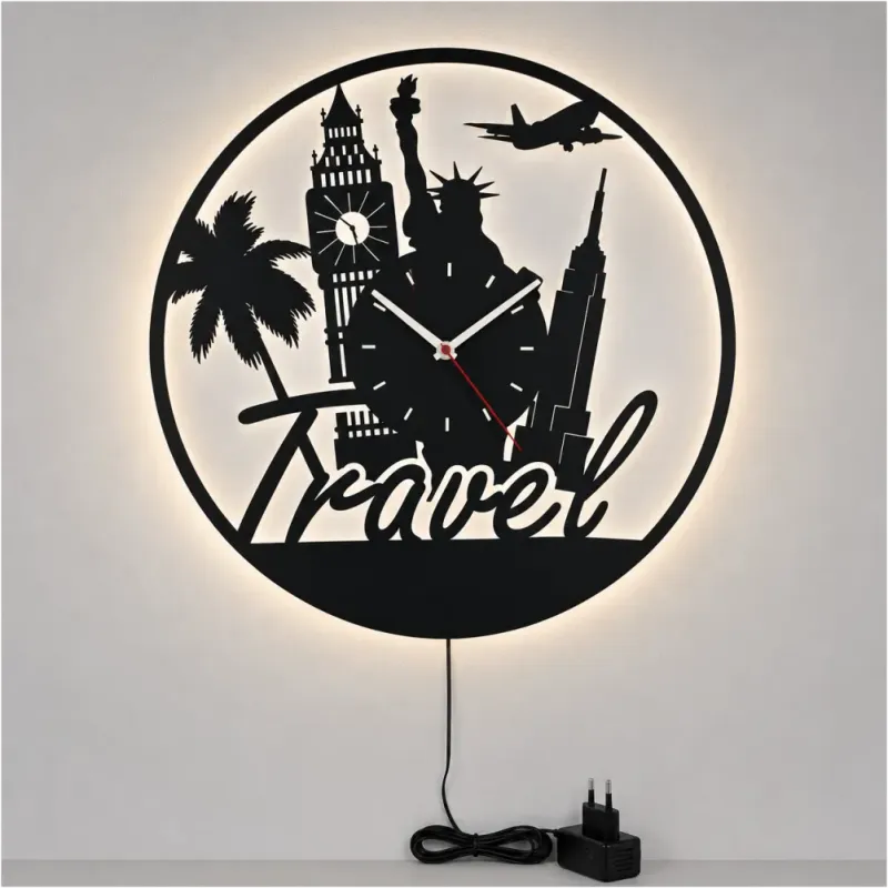 TRAVEL TEMALI RGB Uzaktan Kumandalı 40x40cm Siyah MDF Duvar Saati