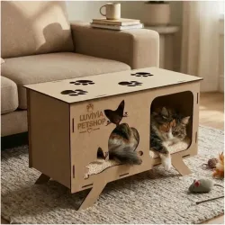 Luvivia Kare Kedi Evi – 4 mm Ahşap MDF Demonte Kedi Yuvası ve Yatağı