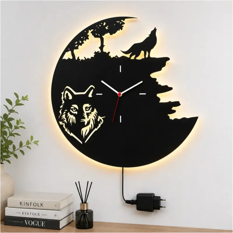 KURT KÖPEK TEMALI RGB Uzaktan Kumandalı 40x40cm Siyah MDF Duvar Saati