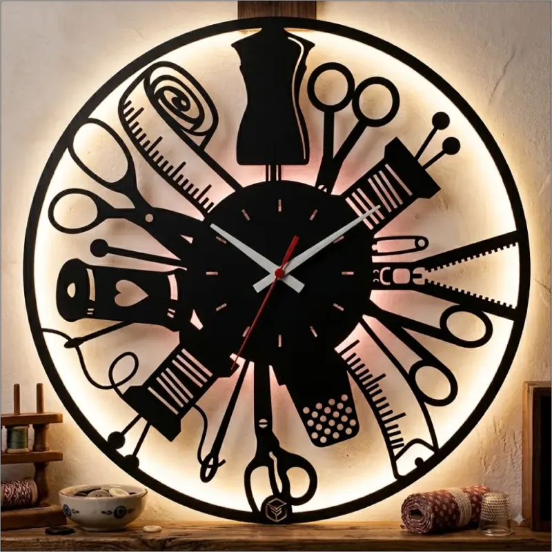 TERZİ MODA STİLİST TEMALI RGB Uzaktan Kumandalı 40x40cm Siyah MDF Duvar Saati