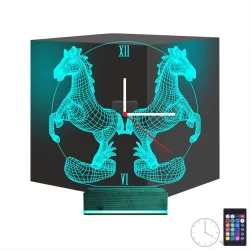 Şahlayan At Tasarım Saatli 3D Lamba - Masa Gece Lambası