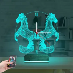 Şahlayan At Tasarım Saatli 3D Lamba - Masa Gece Lambası