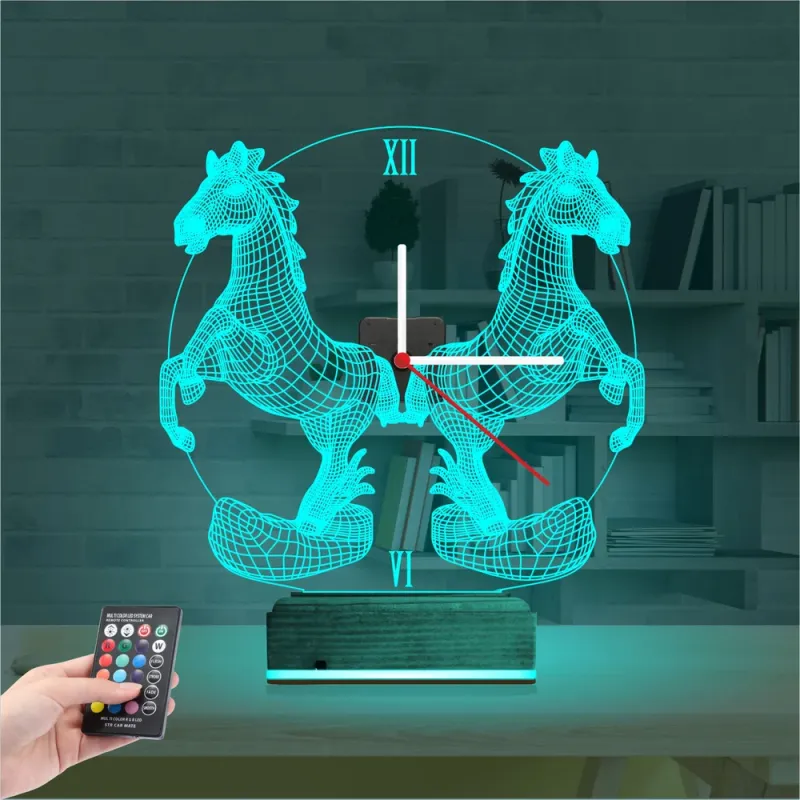 Şahlayan At Tasarım Saatli 3D Lamba - Masa Gece Lambası