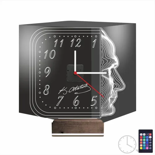 Atatürk İmza Silüet Saatli 3D Lamba - Masa Gece Lambası