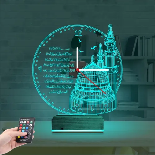Cami Ayetel Kürsi Saatli 3D Lamba - Masa Gece Lambası