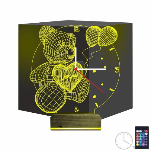 Ayıcık Balon Çocuk Odası Saatli 3D Lamba - Masa Gece Lambası