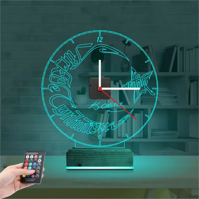 Türk Bayrağı Ay Yıldız V1 Saatli 3D Lamba - Masa Gece Lambası