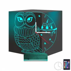 Baykuş Tasarım Saatli 3D Lamba - Masa Gece Lambası