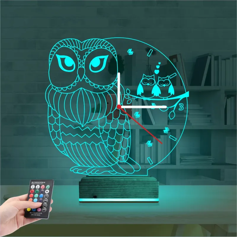 Baykuş Tasarım Saatli 3D Lamba - Masa Gece Lambası