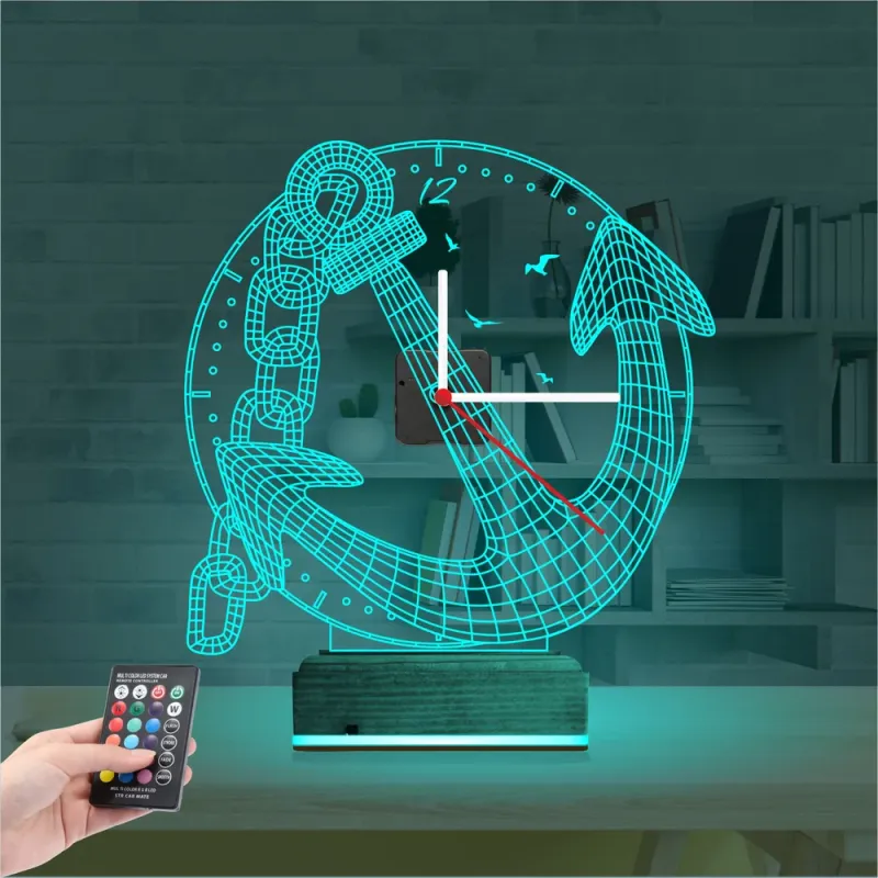 Kaptan Denizci Çapa Saatli 3D Lamba - Masa Gece Lambası