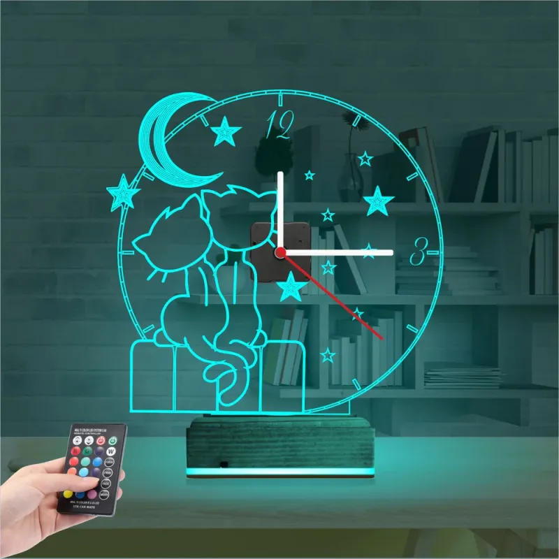 Kedi Tasarım Çocuk Odası Saatli 3D Lamba - Masa Gece Lambası