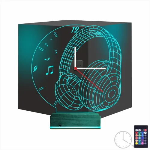 Dj Müzik Kulaklık Saatli 3D Lamba - Masa Gece Lambası