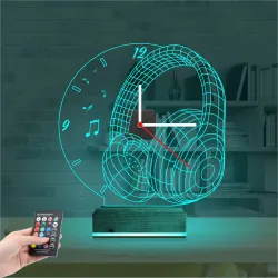 Dj Müzik Kulaklık Saatli 3D Lamba - Masa Gece Lambası