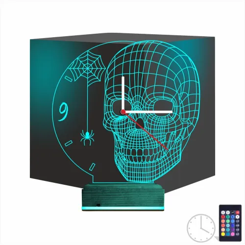 Kuru Kafa İskelet Saatli 3D Lamba - Masa Gece Lambası