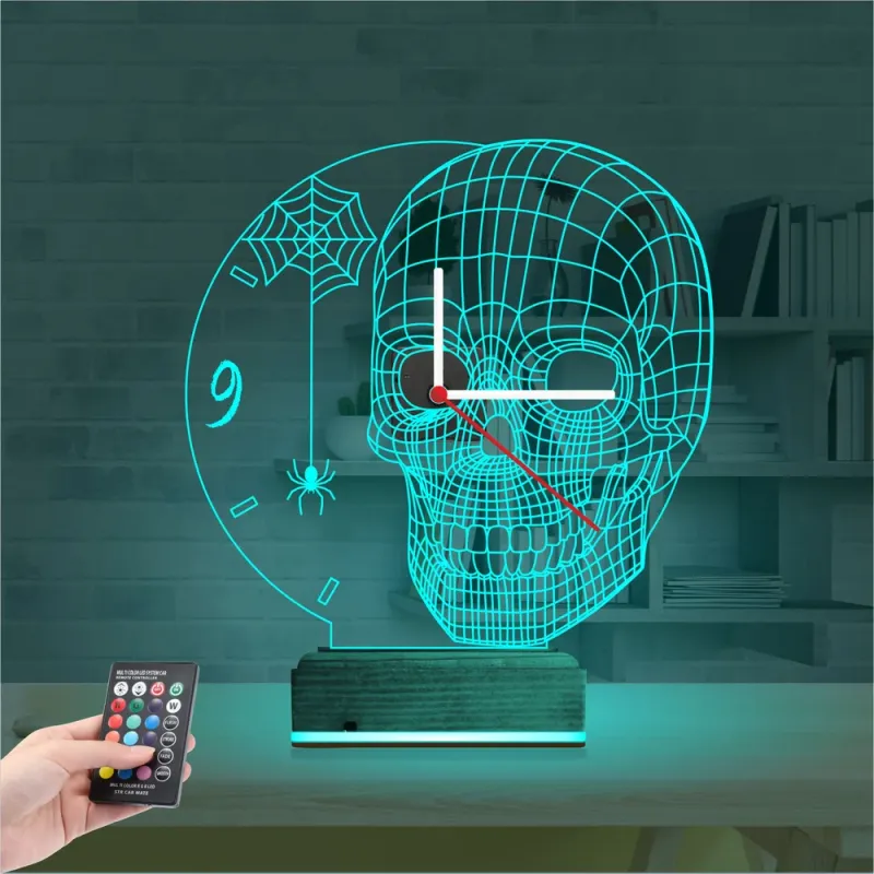 Kuru Kafa İskelet Saatli 3D Lamba - Masa Gece Lambası