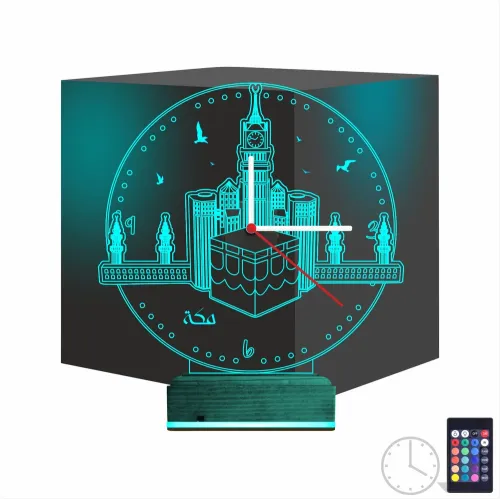 Mekke Kabe Cami Saatli 3D Lamba - Masa Gece Lambası