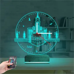 Mekke Kabe Cami Saatli 3D Lamba - Masa Gece Lambası