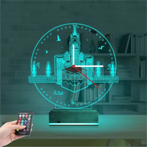 Mekke Kabe Cami Saatli 3D Lamba - Masa Gece Lambası