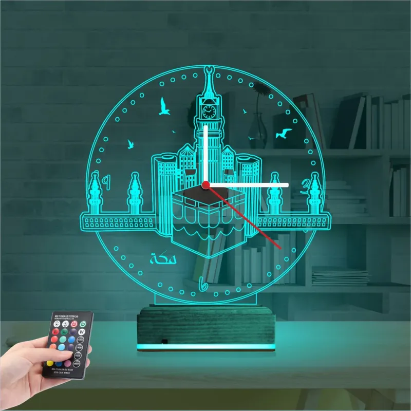 Mekke Kabe Cami Saatli 3D Lamba - Masa Gece Lambası