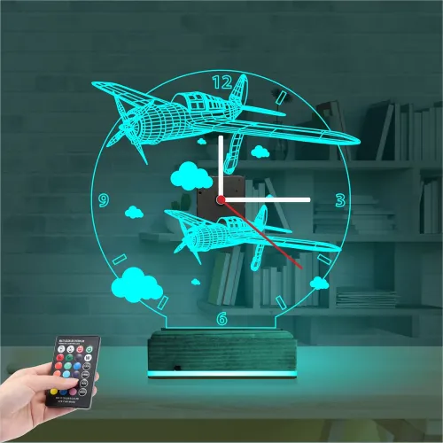 Pırpır Uçak Pilot Tasarım Saatli 3D Lamba - Masa Gece Lambas…