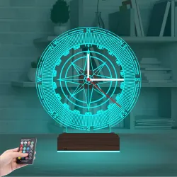 Pusula Gezgin Tasarım Saatli 3D Lamba - Masa Gece Lambası