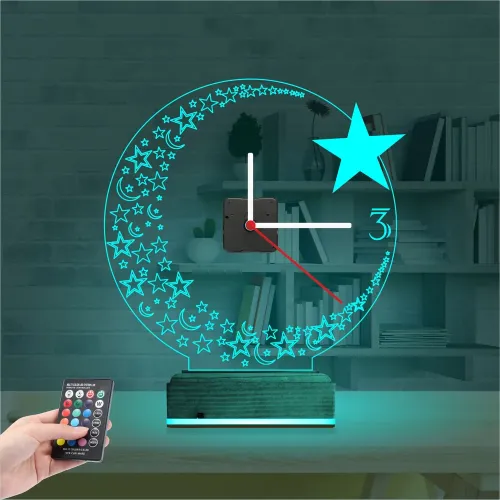 Türk Bayrağı Ay Yıldız V2 Saatli 3D Lamba - Masa Gece Lambas…
