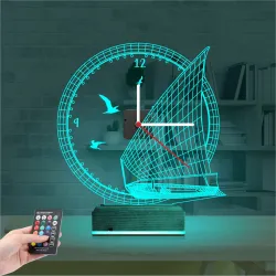 Gemici Kaptan Denizci Yelkenli V1 Saatli 3D Lamba - Masa Gece Lambası