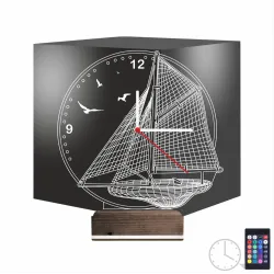 Gemici Kaptan Denizci Yelkenli V2 Saatli 3D Lamba - Masa Gece Lambası