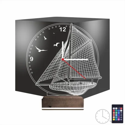 Gemici Kaptan Denizci Yelkenli V2 Saatli 3D Lamba - Masa Gec…