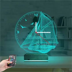 Gemici Kaptan Denizci Yelkenli V2 Saatli 3D Lamba - Masa Gece Lambası