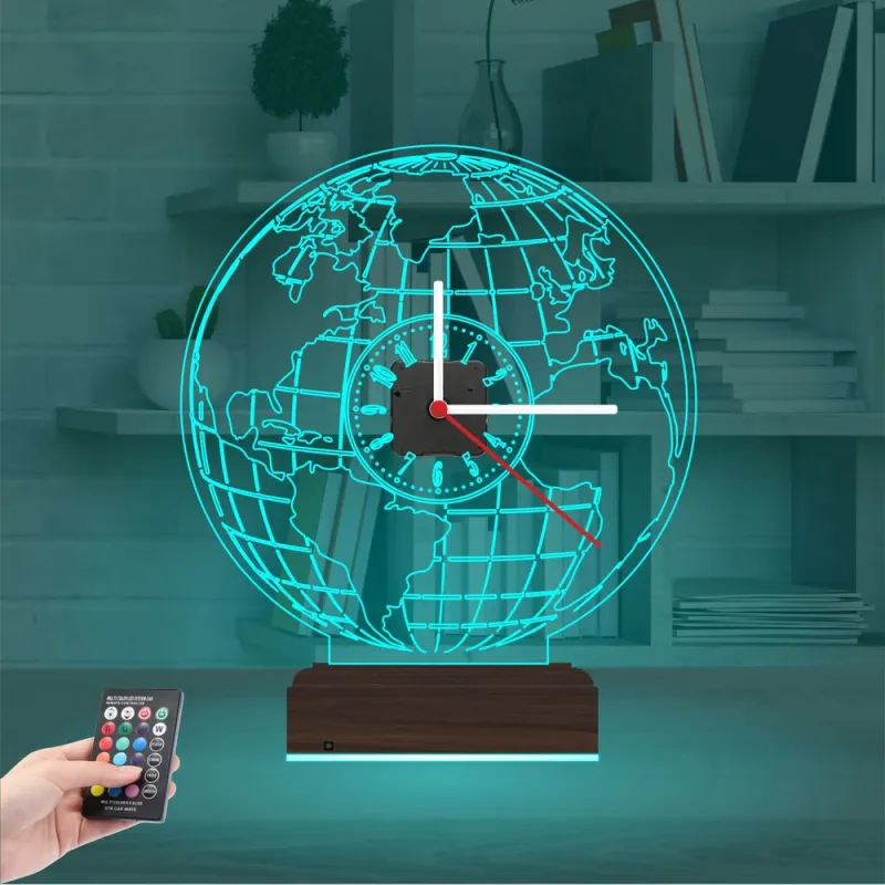 Dünya Tasarım Saatli 3D Lamba - Masa Gece Lambası