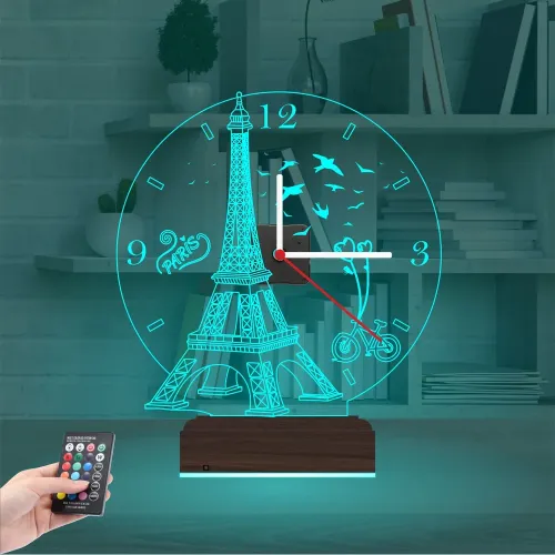 Eyfel Kulesi Paris Saatli 3D Lamba - Masa Gece Lambası