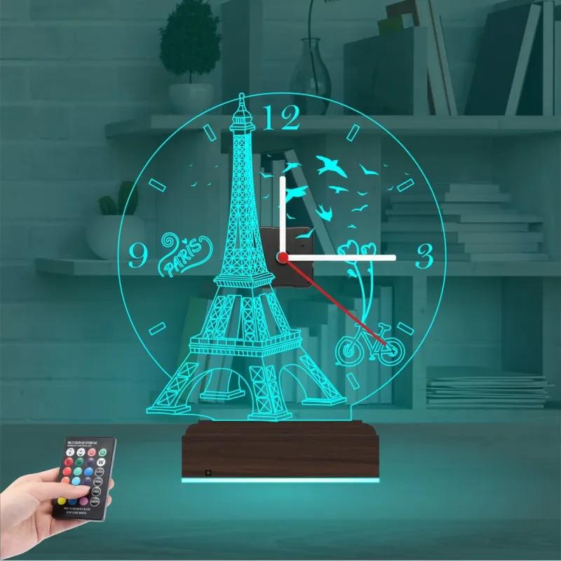 Eyfel Kulesi Paris Saatli 3D Lamba - Masa Gece Lambası