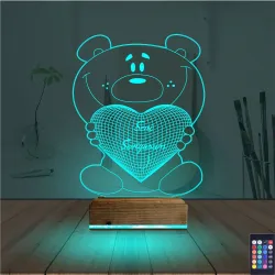Ayıcık Kalp Seni Seviyorum 3D Lamba - Masa Gece Lambası