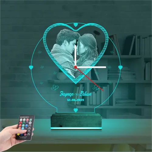 Kalp Sevgiliye Hediye V1 Fotoğraflı Saatli 3D Lamba - Masa Gece Lambası