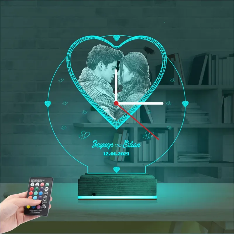 Kalp Sevgiliye Hediye V1 Fotoğraflı Saatli 3D Lamba - Masa Gece Lambası