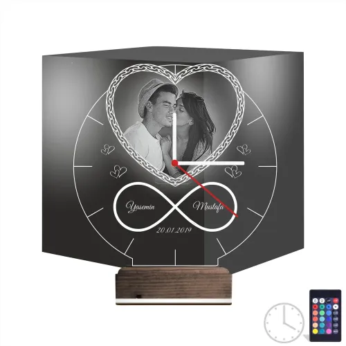 Kalp Sevgiliye Hediye V2 Fotoğraflı Saatli 3D Lamba - Masa G…