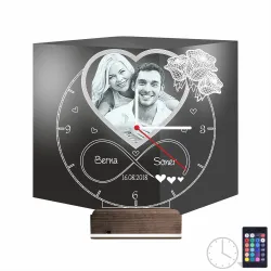 Kalp Sevgiliye Hediye V4 Fotoğraflı Saatli 3D Lamba - Masa Gece Lambası