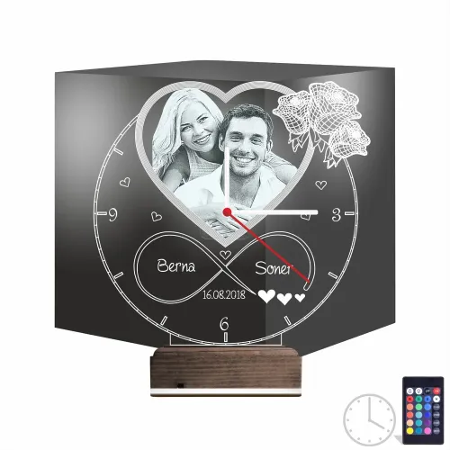Kalp Sevgiliye Hediye V4 Fotoğraflı Saatli 3D Lamba - Masa G…
