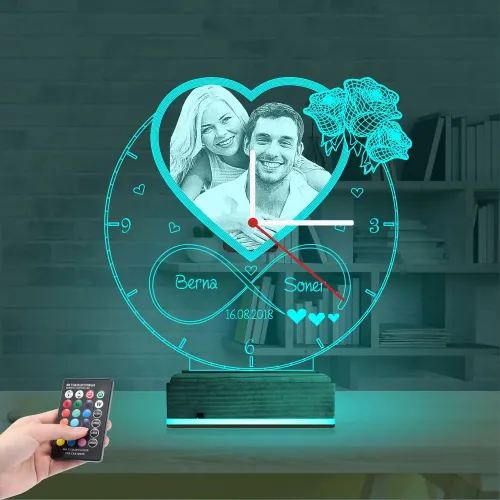 Kalp Sevgiliye Hediye V4 Fotoğraflı Saatli 3D Lamba - Masa Gece Lambası