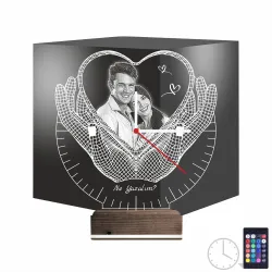 Kalp Sevgiliye Hediye V5 Fotoğraflı Saatli 3D Lamba - Masa Gece Lambası